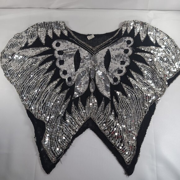 100% Silk Vintage Butterfly Shirt Blouse Sequins Silver Black Women M Medium 70s - Picture 1 of 13